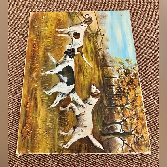 Mid Century Vintage Acrylic on Canvas 3 Dogs Hunting in Field Painting - Picture 9 of 13